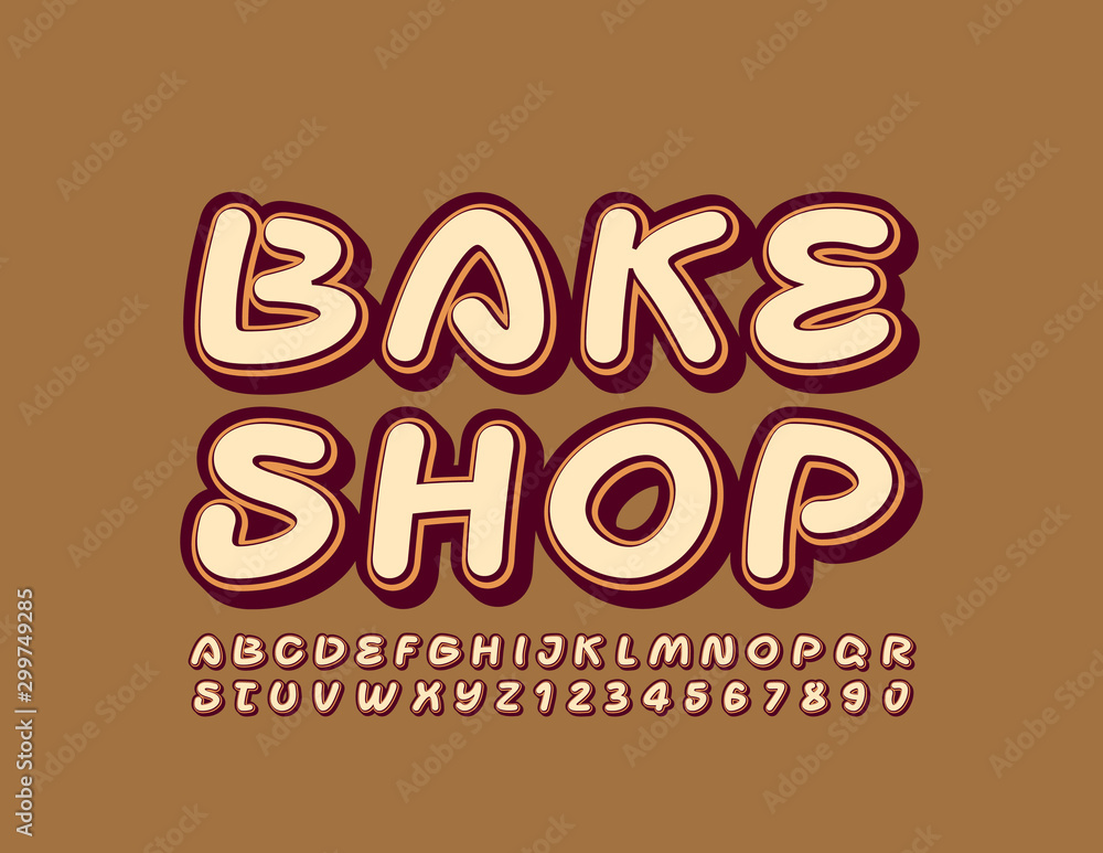 Vector trendy emblem Bake Shop. Creative Uppercase Font. Handwritten Alphabet Letters and Numbers