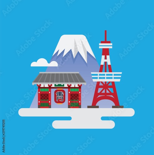 japan landmark, tokyo tower, kaminarimon gate and mt fuji, flat vector illustration