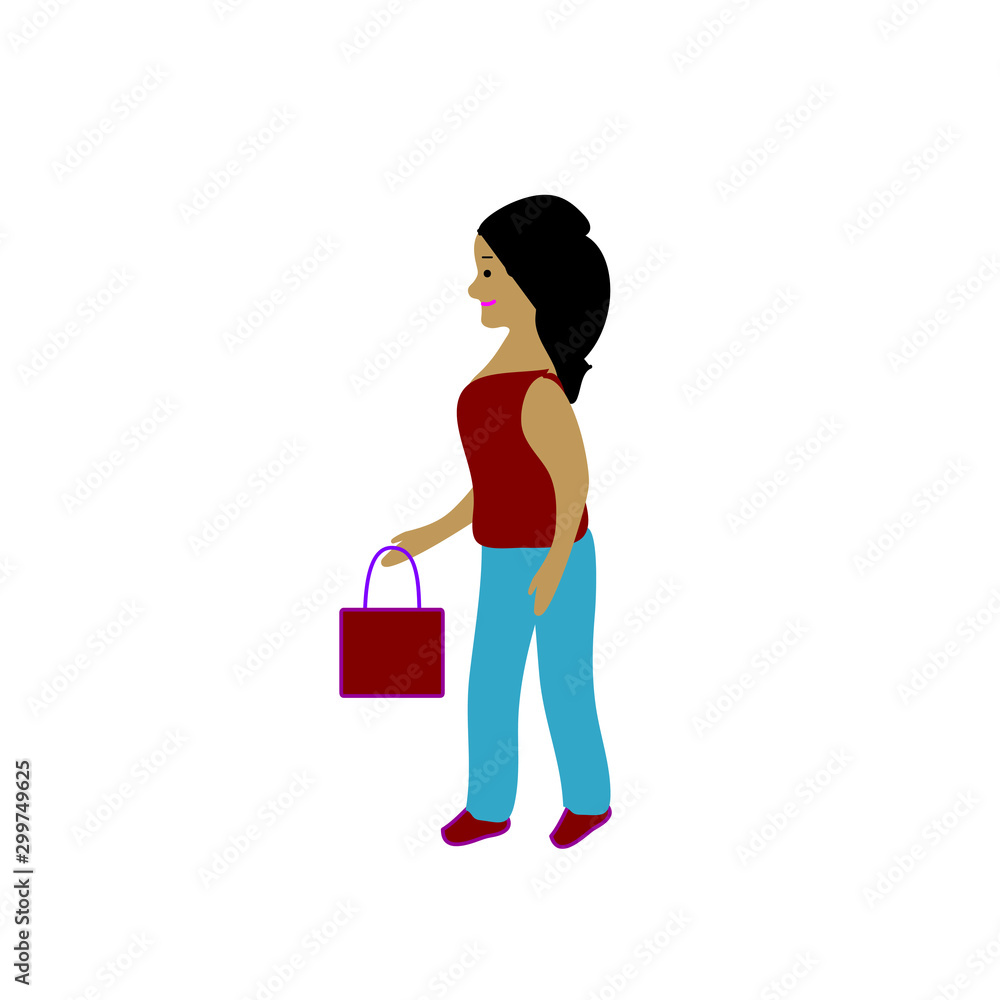 Young fashionable woman with bag in hand isolated on white background. Flat design style. Young fashionable woman with bag in hand isolated on white background. Flat design style.