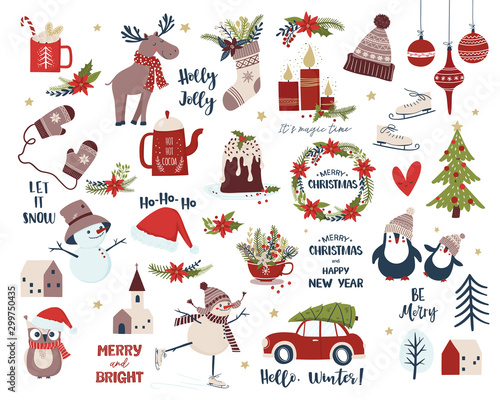 Christmas and New Year set. Cartoon vector illustration