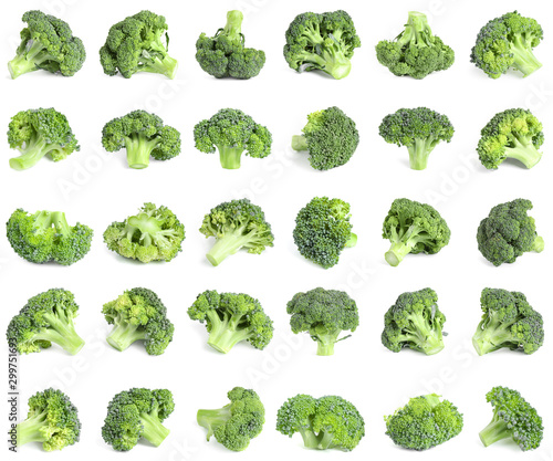 Collage of fresh green broccoli isolated on white