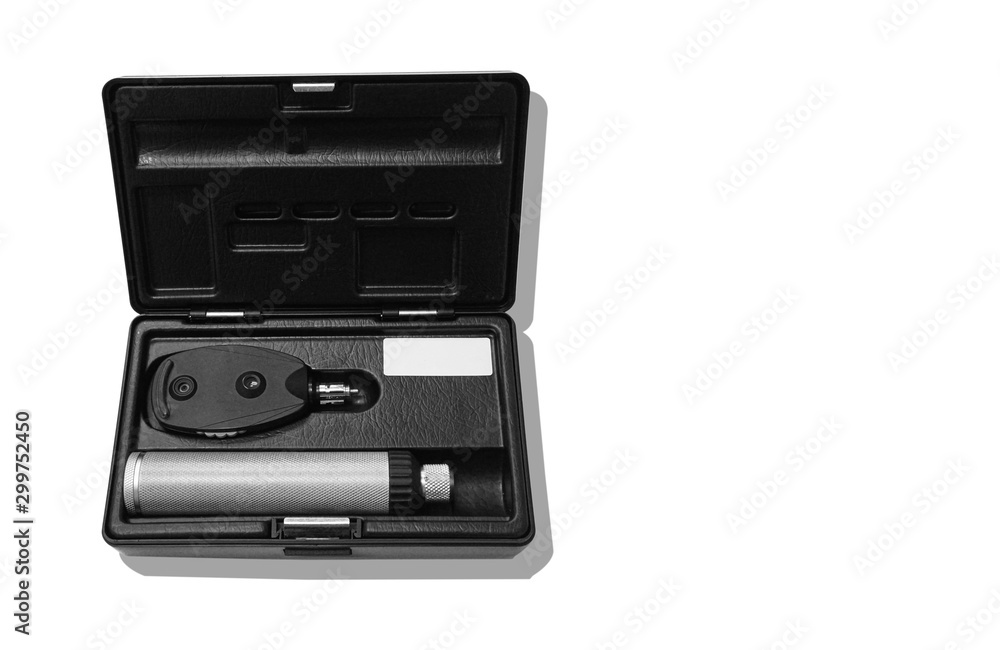Medical equipment Ophthalmoscope back view on isolated white background.