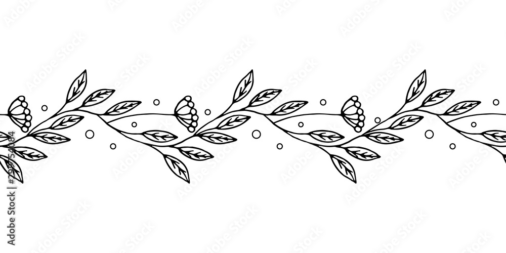 Seamless border of black flowers on a white background in doodle style. Decoration for wedding cards. Beautiful floral ornament for holiday decoration. Greeting card template. Fabric decoration