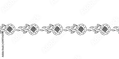 Seamless border of black flowers on a white background in doodle style. Decoration for wedding cards. Beautiful floral ornament for holiday decoration. Greeting card template. Fabric decoration