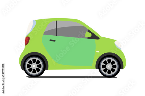 Car sharing logo, vector city micro green car. Eco vehicle cartoon icon isolated on white background. Cartoon vector illustration with urban ecological transport. Cute vector smart car illustration.