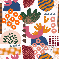Handdoek met foto Scandinavische stijl patronen Seamless pattern Abstract shapes collage pink orange green blue red. Modern geometric background design for fabric, textile, wallpaper, postcard design. Scandi style, Bauhaus, home decor  © StockArtRoom