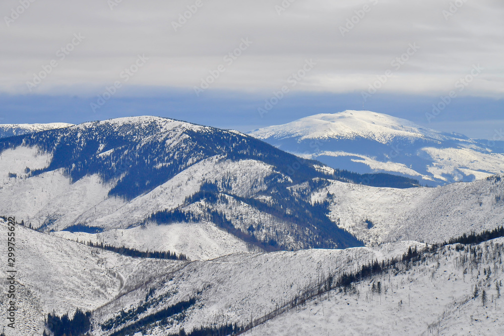 Winter landscape of Low Tatras mountains situated in the heart of Slovakia. Forests destroyed by human activity. Carpathian mountains. Kráľova hoľa peak. 