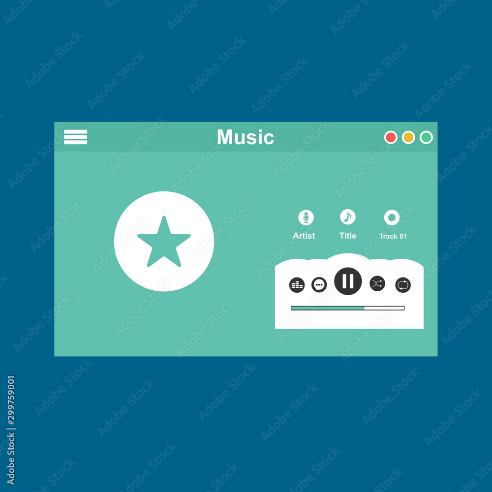 Modern Music player app interface vector color template. Media player navigation screen. Flat UI, GUI. Playing audio, radio.