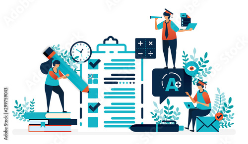 Fill in test sheet with a check and cross. Get an A+ on exam or class promotion test. Verify exam results. Flat vector illustration for landing page, web, website, banner, mobile apps, flyer, poster