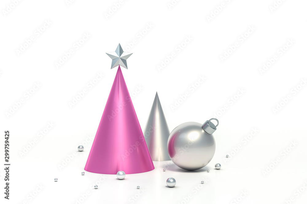 Pink cone geometric with shape star and silver christmas ball abstract minimal on white background 3d rendering. 3d illustration minimal style christmas and new year concept. Pink cone geometric with shape star and silver christmas ball abstract minimal on white background 3d rendering. 3d illustration minimal style christmas and new year concept.