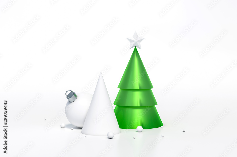 Abstract green geometric shape christmas tree with white star, white cone and white christmas ball abstract on white background 3d rendering. 3d illustration minimal christmas and new year concept. Abstract green geometric shape christmas tree with white star, white cone and white christmas ball abstract on white background 3d rendering. 3d illustration minimal christmas and new year concept.