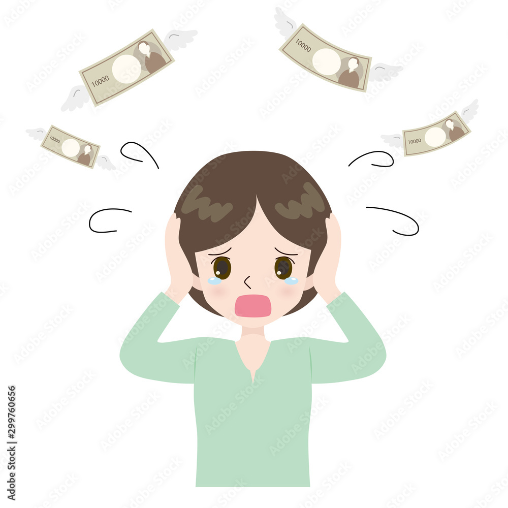 Illustration of a woman who became a crying face with flying money. Illustration of a woman who became a crying face with flying money.