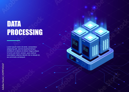 Big Data Processing. Server room banner, web hosting and processing of big data concept, isometric vector illustration
