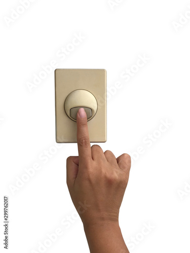 Asian female hand pressing doorbell button