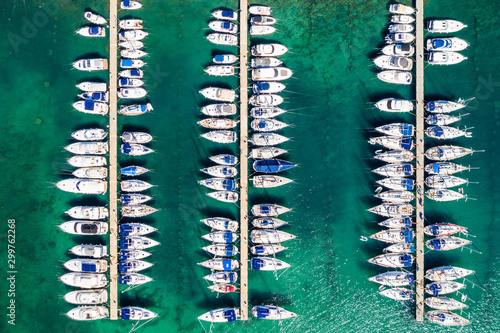 Aerial overhead view of yachts in marina in town of Vodice, Adriatic sea in Croatia