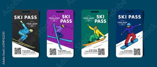 Set of ski pass cards, admission for lift to the mountain slopes with colorful illustrations of skier and snowboarder with qr code
