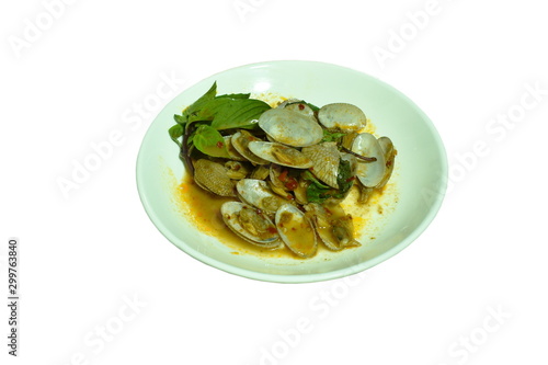 stir fried clams with roasted chili paste on plate 