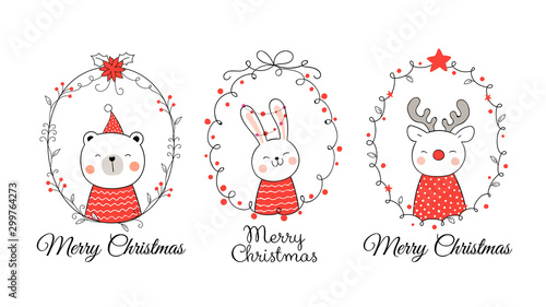 Draw animal in wreath for Christmas and new year.