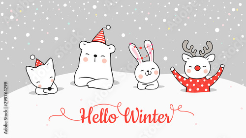 Draw banner of cute animal in snow for Christmas and new year.
