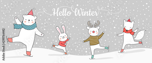 Draw banner funny animal playing in snow for Christmas.