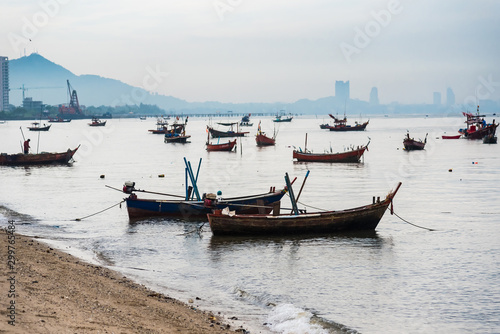 Chon Burii  Thailand - October  05  2019   Fishing boats floating in the sea over cloudy sky Chon Burii  Thailand