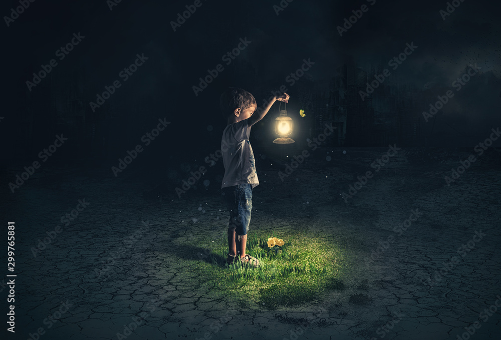 Lost child holding an old lamp in an apocalyptic environment - obrazy, fototapety, plakaty 