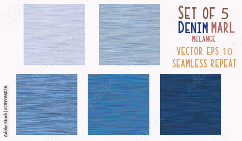 Dark Blue Denim Marl Vector Seamless Pattern. Jeans Indigo Space Dyed Texture Fabric Textile Background. Cotton Melange t shirt All Over Print. EPS 10 Tile Set of 5