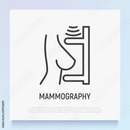 Mammography thin line icon: female breast in scanner. Laboratory research. Modern vector illustration.
