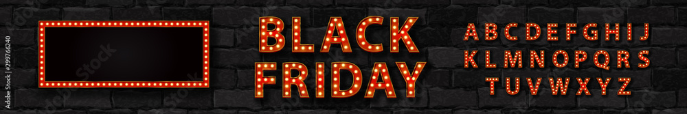 Vector realistic isolated marquee sign of Black Friday logo with broadway frame and light bulb font for template decoration and covering on the wall background.
