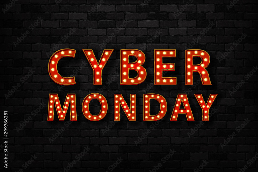 Vector realistic isolated marquee sign of Cyber Monday typography logo for template decoration and covering on the wall background. Vector realistic isolated marquee sign of Cyber Monday typography logo for template decoration and covering on the wall background.