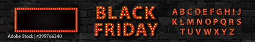 Vector realistic isolated marquee sign of Black Friday logo with broadway frame and light bulb font for template decoration and covering on the wall background. photo