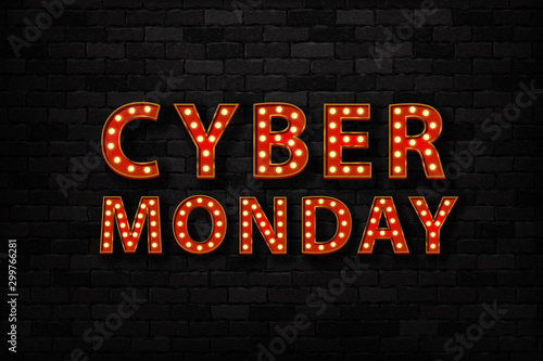 Vector realistic isolated marquee sign of Cyber Monday typography logo for template decoration and covering on the wall background.