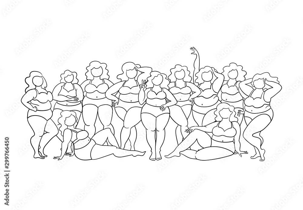 Vector illustraion on the theme of body positive and beauty diversity. Female cartoon characters. Women dressed in swimwear isolated on white background