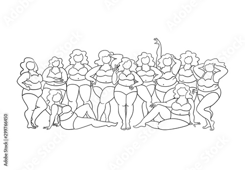 Vector illustraion on the theme of body positive and beauty diversity. Female cartoon characters. Women dressed in swimwear isolated on white background