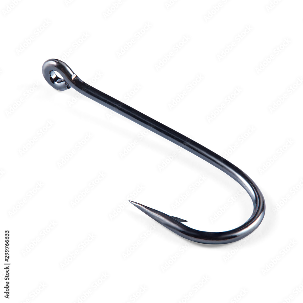 One fish hook isolated on white background with shadows. 100 percent sharpness. Macro.