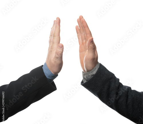 Business handshake and business people concept. Two men shake hands isolated on a white background. Close-up image of a firm handshake between two colleagues. © Илья Подопригоров