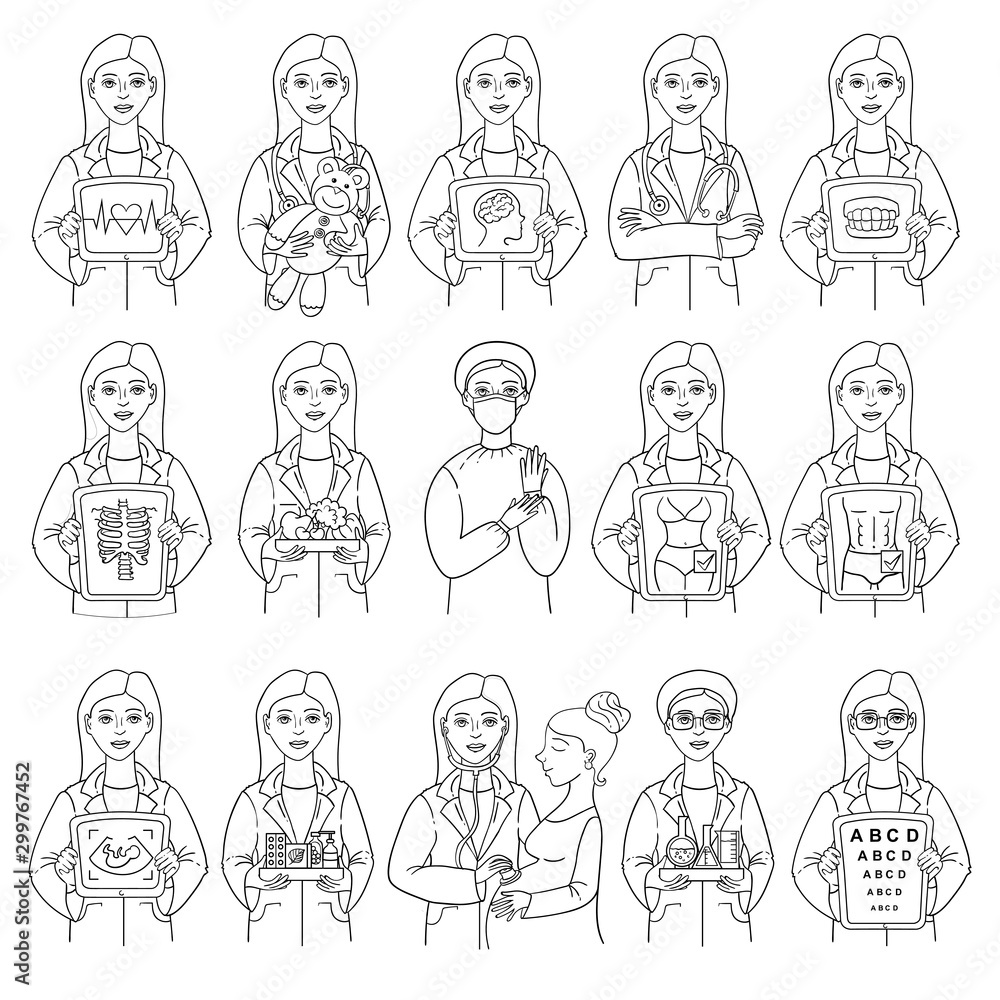 Vector set of avatar doctor characters. Isolated icons of woman doctor on white background. Illustrations on the theme of medicine and health Vector set of avatar doctor characters. Isolated icons of woman doctor on white background. Illustrations on the theme of medicine and health