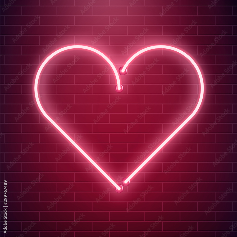 Neon heart sign. Red fluorescent light vector illustration. Valentines day invitation card concept. Love and romance background.