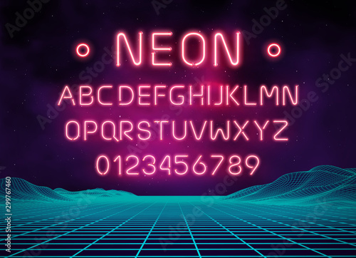 Light neon font letter set. Bar sign vector type. Glowing casino and cinema red text alphabet on brick wall background. Retro landscape background.