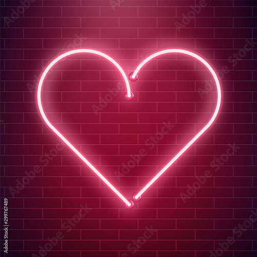 Neon heart sign. Red fluorescent light vector illustration. Valentines day invitation card concept. Love and romance background.