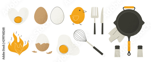 Fried eggs. Cartoon chicken with broken eggs and yolk simple flat elements with grunge texture. Vector home cooking set