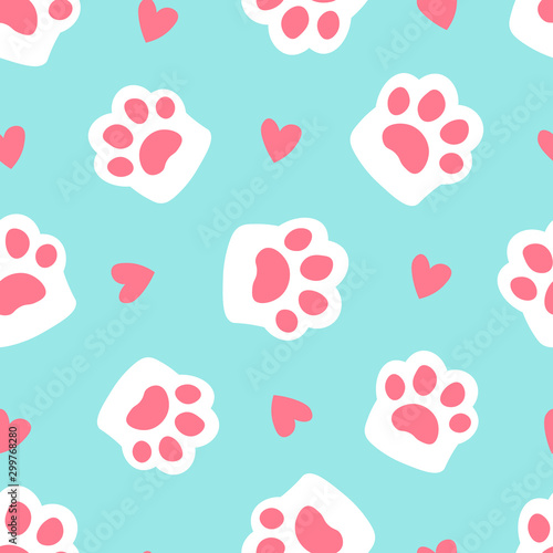 Paw seamless pattern footprint and heart. cute cat paw on blue background. simple cartoon flat style vector illustration.
