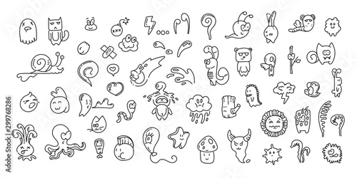 Cute line monsters. Cartoon clip art with group of hand drawn fantasy pets and animals. Vector doodle set of aliens with emotions