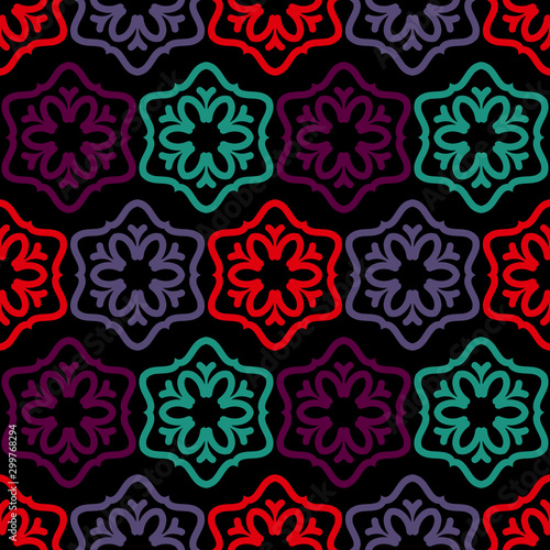 Bright seamless pattern with colorful geometric elements on a black background.