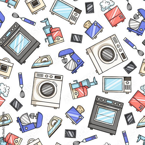 Vector colored seamless pattern with home appliances, electronics, kitchen quipment on white background
