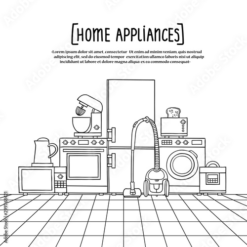 Vector illustration for use in design. Poster on the theme of home appliances, electronics, kitchen quipment