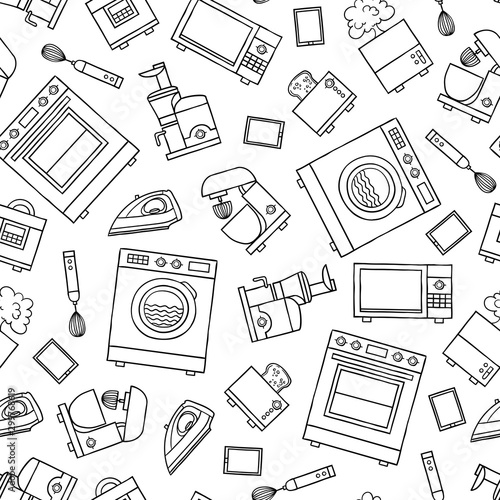 Vector seamless pattern with home appliances, electronics, kitchen quipment on white background