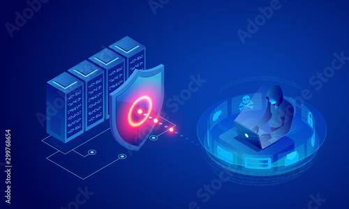 Hacker attacking server or database. Network security, Database secure and personal data protection.