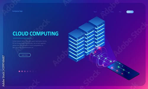Big data storage and cloud computing technology, machine learning, artificial intelligence concept. Data center room with abstract data servers and glowing led indicators