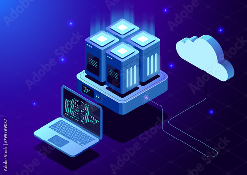 Isometric modern cloud technology and networking concept. Cloud computing services concept. Web cloud technology business. Internet data services vector illustration Cloud computing services concept